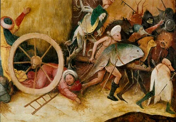 Le Chariot de foin ou Triptyque du foin (charrette de foin) : détail du panneau central. Figures monstrueuses, personnages anthropomorphes et un homme tombant sous une roue. Peinture de Hieronymus Van Aeken (Aken), dit Jérôme Bosch (1450-1516)