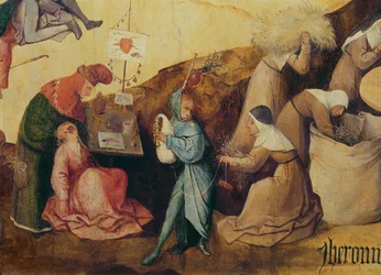 Le tireur de dents, le joueur de cornemuse et les ramasseurs de bois, détail du panneau central du Triptyque du Chariot de Foin, vers 1515 (détail)