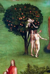 Triptyque du Jugement dernier, panneau de gauche. Adam et Ève au Paradis (détail)