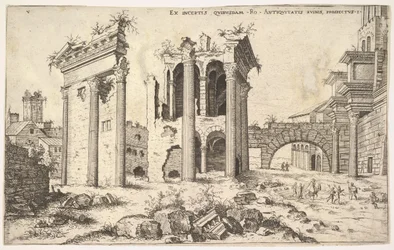 Vue de ruines non identifiées avec une façade à architrave à gauche, des arcades au centre et une arche à droite