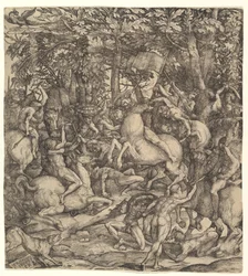 Bataille entre cavalerie et infanterie dans un bois, XVIe siècle