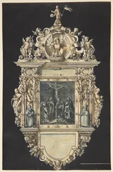 Esquisse pour un épitaphe avec la crucifixion du Christ. Un cadre richement orné avec de nombreuses figures