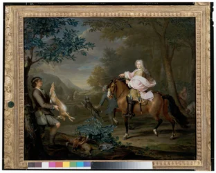 Un gentilhomme à cheval avec des chasseurs dans un paysage étendu