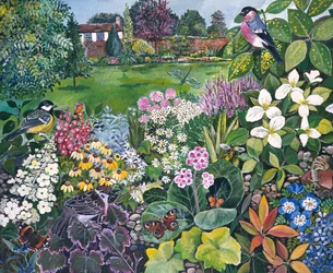 Le jardin avec des oiseaux et des papillons