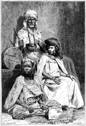 Mendiant arabe, femmes de Biskra et El-kantra, vers 1890
