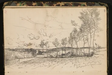 Paysage avec des arbres et une ferme, page d