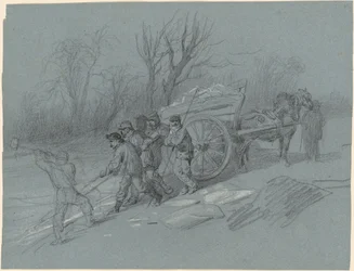 Ouvriers ramassant de la glace au bord de l