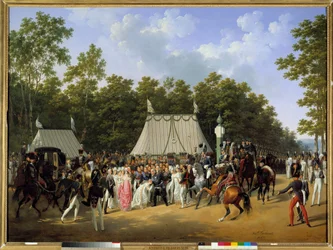 Le roi Louis XVIII recevant Marie Caroline Fernande Louise de Naples, future duchesse de Berry, dans la forêt de Fontainebleau, à la croix de Saint-Hérem