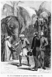 Phileas Fogg devant un éléphant, illustration tirée du « Tour du monde en quatre-vingts jours » de Jules Verne (1828-1905), fin du XIXe siècle