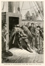 Suivi de Passepartout avec les ailes sur le dos, de Le Tour du Monde en Quatre-vingts Jours par Jules Verne (1828-1905), gravé par Adolphe François Pannemaker (1822-1900), 1873