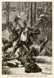 Le Français en avait assommé trois avec ses poings, de Le Tour du Monde en Quatre-vingts Jours par Jules Verne (1828-1905) gravé par Henri-Théophile Hildebrand (1824-97), 1873