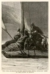 Le froid, accru par la vitesse énorme, les priva de la parole, de Le Tour du Monde en Quatre-vingts Jours par Jules Verne (1828-1905) gravé par Adolphe François Pannemaker (1822-1900)
