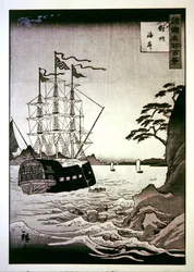 Un navire européen noir au large de la côte de Tsushima