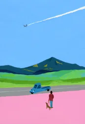 Avion et camionnette et chien et prairie