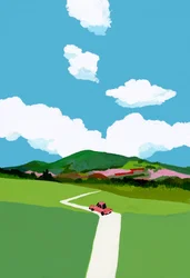 Conduire à travers la prairie dans une voiture rouge