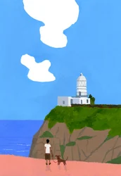 Phare, chien et garçons