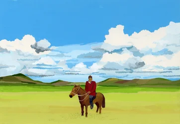 Steppes mongoles et personnes à cheval