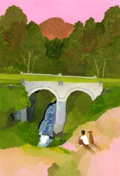 Regarder le pont avec son chien au crépuscule