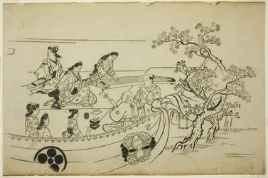 Fête des fleurs avec rideau portant un blason, de la série "Fête des fleurs à Ueno (Ueno hanami no tei)"