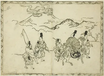 Le voyage oriental de Narihira, extrait du livre illustré "Panorama des peintures sur écrans et rouleaux suspendus (Byobu kakemono ekagami)".