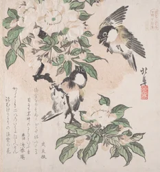 Collection de pluie printanière Harusame shu, vol. 3 : Mésanges et fleurs de pommier, vers 1820
