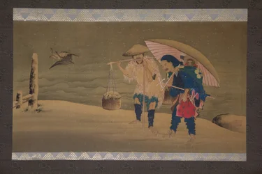 Dresseur de singes et porteur dans la neige, 19e siècle