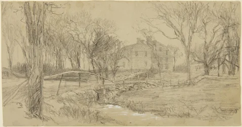 Grande maison, ruisseau et pont