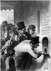 Une fenêtre de théâtre. Dessin humoristique par Honoré Daumier (1808-1879). Gravure dans « Le Monde Illustré » n°269 du 7 juin 1862.