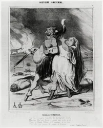 Histoire ancienne : Ménélas vainqueur, caricature pour illustrer un extrait de l