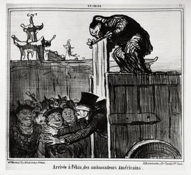Arrivée à Pékin des ambassadeurs américains. Dans la série En Chine, illustration par Honoré Daumier (1808-1879), publié dans « Charivari », daté du 13 octobre 1859
