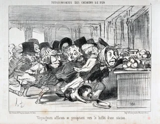 Œuvre de Honoré Daumier (1808-1879). Charivari daté de 1852 : Série PHYSIONOMIES DES CHEMINS DE FER Voyageurs affamés se précipitant vers le buffet d
