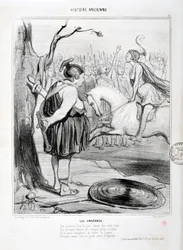Œuvre de Honoré Daumier (1808-1879) Charivari date de 1842 : Série HISTORIE ANCIE Les Amazones. « Au premier feu du jour, devant leur noble reine, on les voyait dompter des chevaux pleins d