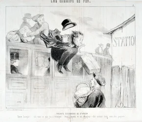 Œuvre de Honoré Daumier (1808-1879). Charivari daté de 1843 : Série LES Chemins de fer Trente secondes de station « - Tiens Joseph ! voilà tout ce que j