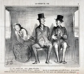 Œuvre de Honoré Daumier (1808-1879). Charivari datant de 1857 : Série LES RAILWAYS Il me semble que nous allons dérailler!... Avez-vous peur sur le chemin de fer?... moi non... ma vie est assurée pour cent mille francs... je ne veux même pas m