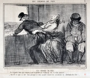 Œuvre de Honoré Daumier (1808-1879). Charivari date de 1858 : Série LES CHEMINS DE FER. Par chemin de fer - Ne regarde pas comme ça par la porte, un malheur arrive si vite !... - Qu