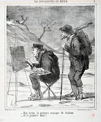 Œuvre de Honoré Daumier (1808-1879). Charivari date de 1864 : Série LES PAYSAGISTES EN HIVER - Mon vieux, ta peinture manque de chaleur - Et le peintre aussi ! MUSEE DES BEAUX ARTS - PALAIS LONGCHAMP, MARSEILLE
