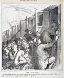 Œuvre de Honoré Daumier (1808-1879). Charivari daté de 1864 : Série Sketch Les trains de plaisir « - Quand après dix assauts infructueux, nous parvenons enfin à conquérir une place dans un wagon, nous éprouvons un premier et très vif plaisir ». MUSEE DES B