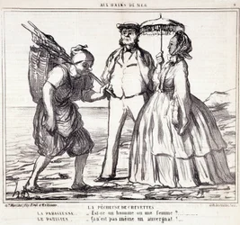Caricature sur les touristes parisiens en vacances. Série « Ax Bains de Mer » : « La pêche aux crevettes... » Gravure par Honoré Daumier (1808-1879). Extrait du journal « Le Charivari » du 5 septembre