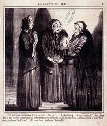 Caricature sur la science. Série sur « la Comète de 1857 » : « Ils disent que nous commençons déjà à la voir !... » Gravure par Honoré Daumier (1808-1879). Extrait du journal « Le Charivari » du 7 mars