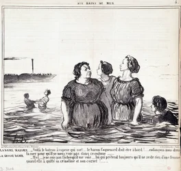 Caricature sur les apparences et la mode. Série « Les Bains de Mer » : « La dame maigre (...), la dame grosse (...) ». Gravure par Honoré Daumier (1808-1879). Extrait du journal « Le Charivari » du 16 septembre.