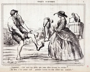 Caricature sur les vendangeurs foulant les raisins pieds nus. Série 