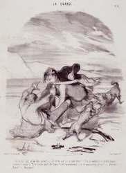 Caricature sur les chasseurs. Série « Les beaux jours de la vie - La chasse » : « Je vous dis que je l
