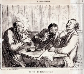 Caricature sur les poètes. Série « À la brasserie » : « Le coin des poètes ravagés ». Gravure par Honoré Daumier (1808-1879). Extrait du journal « Le Charivari » du 7 janvier.