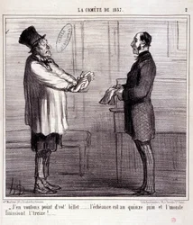 Caricature sur la science. Série sur « La Comète de 1857 » : « Je ne veux pas de billet... ». Gravure par Honoré Daumier (1808-1879). Extrait du journal « Le Charivari » du 4 mars.