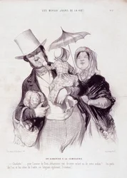 Caricature sur la famille. Série « Les Beaux Jours de la Vie » : « Un dimanche à la campagne... ». Gravure par Honoré Daumier (1808-1879). Extrait du journal « Le Charivari » du 21 juillet.