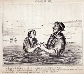 Caricature sur les touristes en vacances. Série aux Bains de Mer : Monsieur le baigneur... est-il vrai qu