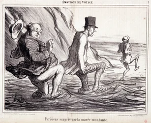 Caricature sur les touristes en vacances. Série « Les Bains de Mer » : « Émotions de voyage. Parisien surpris par la marée montante ». Gravure par Honoré Daumier (1808-1879). Extrait du journal « Le Charivari » du 8 octobre.