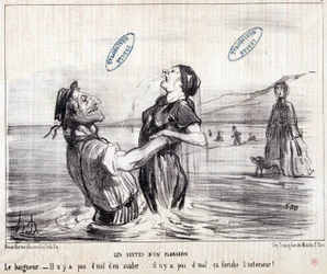 Caricature sur les touristes en vacances. Série « Les Bains de Mer » : « Croquis aquatique. Les séquences d
