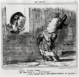 Christi, la belle femme ! ; « Oh ! Dieu, moi... Le bel homme ! » (Cette dernière phrase a été traduite du chinois par Lassagne.), dans la série En Chine, illustration par Honoré Daumier (1808-1879), publiée dans « Charivari »