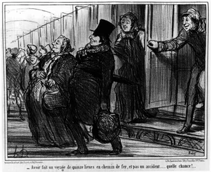 Avoir fait quinze miles de chemin de fer, et pas un accident... quelle chance!... : de « Actualités », série de caricatures sur les chemins de fer de Honoré Daumier. « Charivari »